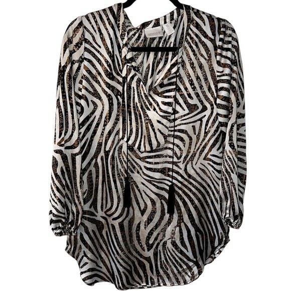 Chicos Blouse Womens Petite 0 Sz PS Top Brown Animal Zebra Tassel Shirt Mobwife - Picture 1 of 9